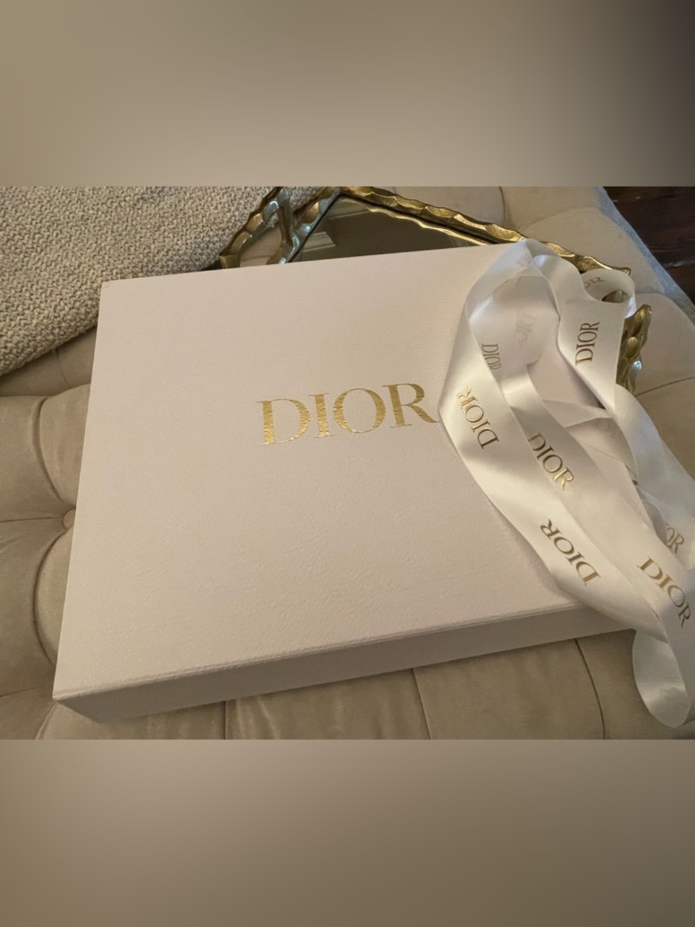 Dior White Box with Gold Logo and Satin Ribbon